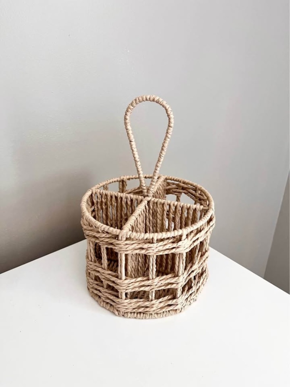 Woven Kitchen Utensil Caddy Basket Boho Desk Organizer Beige Neutral Tone
